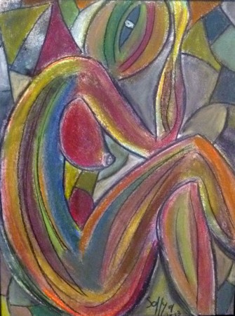 Corps de femme assise sur fond de vitraux. Art figuratif.